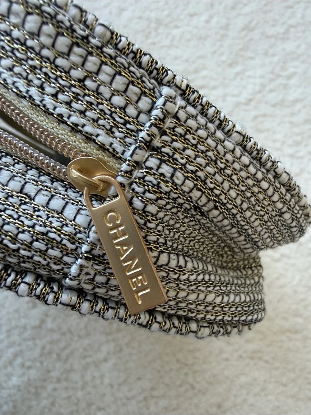 CHANEL Silver Metallic Quilted Cosmetic Case with Gold Logo